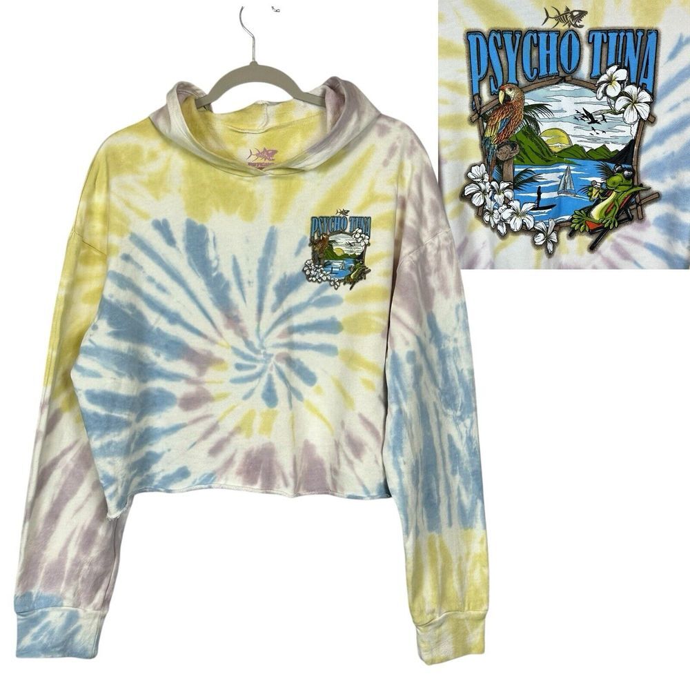 Psycho Tuna Hoodie L Tie Dyed Cropped Parrot Iguana Paddleboard‎ Beach Tropical